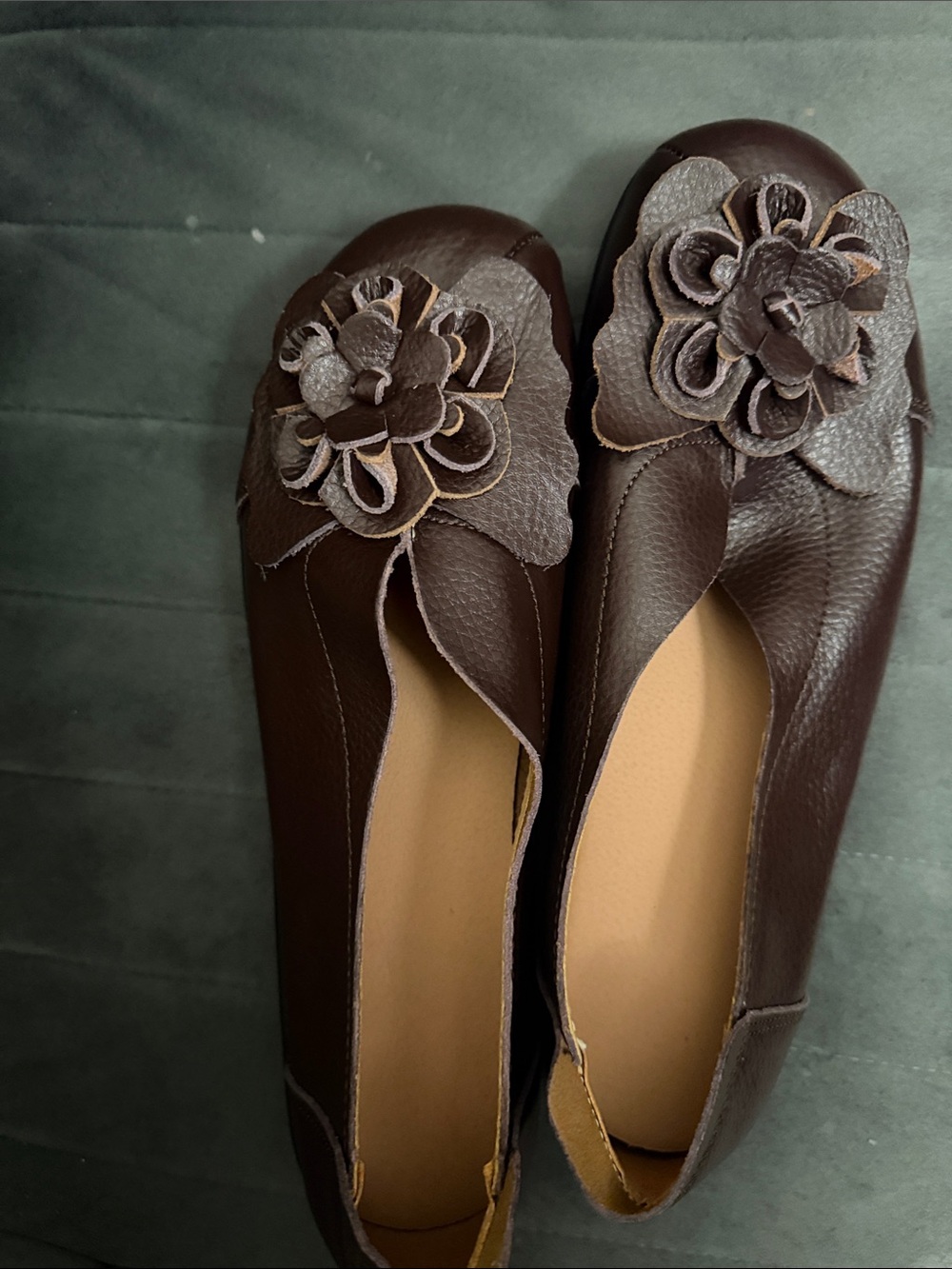 Women's Brown Leather Floral Ballet Flats